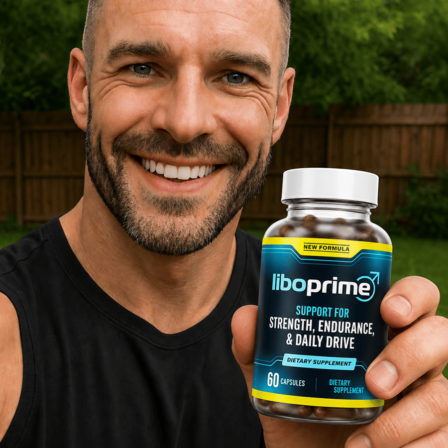 Mann hält lächelnd eine Flasche LiboPrime, Nahrungsergänzungsmittel für tägliche männliche Vitalität